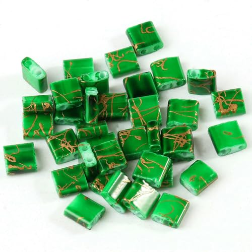 Perlen mit zwei Löchern, Rocailles-Perlen für die Schmuckherstellung, DIY-Armbänder, Zubehör, Sommer- und Strandschmuck, 5 x 5 x 2 mm, 50 Stück/Los, gesponnenes Grün, 5 x von TBSKUY