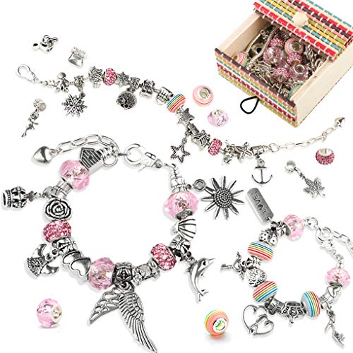 TBoonor Charm Armband DIY Kit Geschenk für Mädchen, mit 50 Elemente Perlen Anhänger und 3 Größen Silber Kette, Rosa Schmuck Armbänder Bastelset für 6 Jahre und älter Teens (1-Rosa) von TBoonor