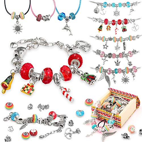 TBoonor Charm Armband DIY Kit Geschenk für Mädchen, mit 50 Elemente Perlen Anhänger und 3 Größen Silber Kette, Rosa Schmuck Armbänder Bastelset für 6 Jahre und älter Teens (2-Rot) von TBoonor