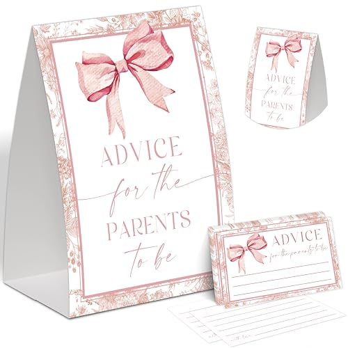 TCJIU Schild mit Aufschrift "Advice for the Parents to Be" und 50 Baby-Vorhersagen und Ratschläge, rosa Schleife, Babyparty-Dekorationen, Ratschläge für frischgebackene Eltern, Babyparty-Ideen, von TCJIU