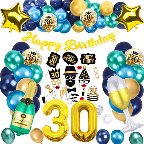 TCJJ 30 Geburtstag Männer Ballons, Deko 30 Geburtstag Mann,Golden Blau Luftballons 30.Geburtstag Männer,Mit Geburtstagsbanner,Foto Requisiten,Folienballon von TCJJ