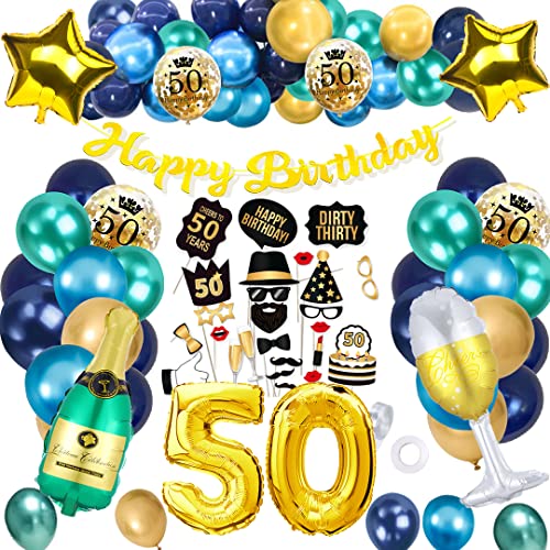 TCJJ 50 Geburtstag MäNner Ballons,Deko 50 Geburtstag Mann, Golden Blau Luftballon 50. Geburtstag Mann, Mit Geburtstagsbanner,Foto Requisiten,Folienballon von TCJJ