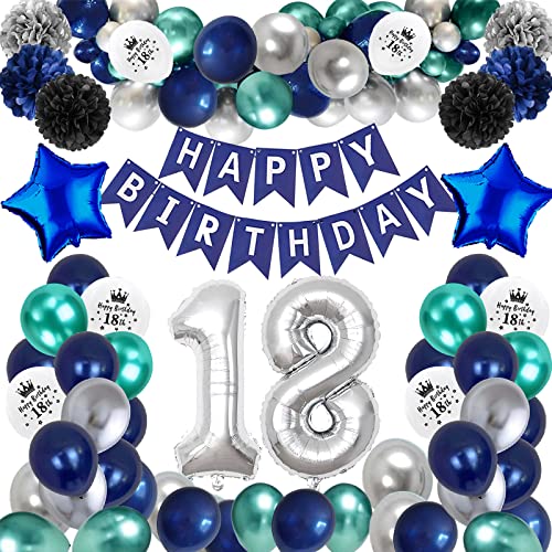 TCJJ 18. Geburtstag Junge Luftballons Blau Silber Set, Marineblau und Silber Happy Birthday Ballons Partydekorationen mit Geburtstagsbanner,Pom Pom, Folienballon (18) von TCJJ