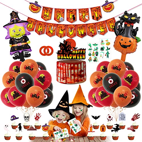 TCJJ Halloween Luftballons Deko Set,Halloween Party Dekoration,Happy Halloween Banner,Kuchen Karte, Leuchtende Tattoo-Aufkleber, Folienballons,Horror-Party-Deko FüR Halloween-Bar, Haus, Terrasse von TCJJ