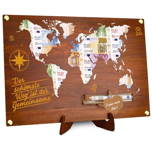 Personalisiertes Hochzeits-Geldgeschenk: Bilderrahmen mit Holz-Weltkarte & Reagenzglas Gravur | Für Paare zur Silberhochzeit & Flitterwochen | Inkl. Blanko-Karten | 30x20 cm Personalisiertes Hochzeits-Geldgeschenk: Bilderrahmen mit Holz-Weltkarte & Reagenzglas Gravur | Für Paare zur Silberhochzeit & Flitterwochen | Inkl. Blanko-Karten | 30x20 cm von TCRZHHRX