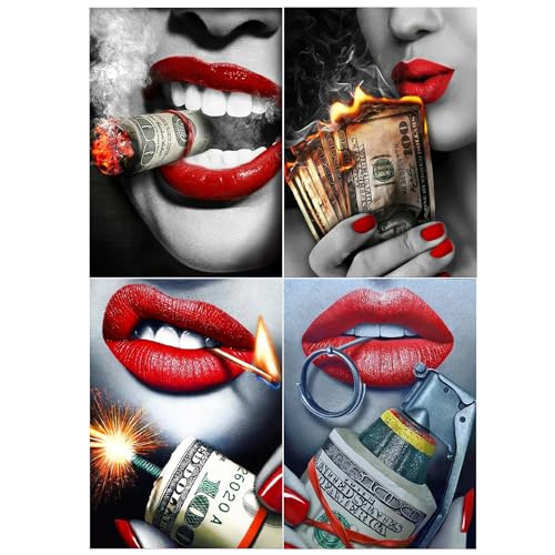 TDFERAN 30 x 40 cm Diamond Painting Set 4 Stück Sexy Frau mit roten Lippen und Silber Diamanten Malerei Ornament Büro Frau Stickerei Diamant Frau für Wanddekoration von TDFERAN