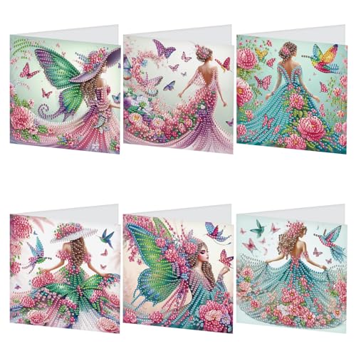 TDFERAN 6 Stück Grußkarte Diamond Painting Fee, Dankeskarte, Urlaubskarten, Diamant-Stickerei, Geburtstagskarte, Grußkarte 2025, Diamant Painting Grußkarte von TDFERAN