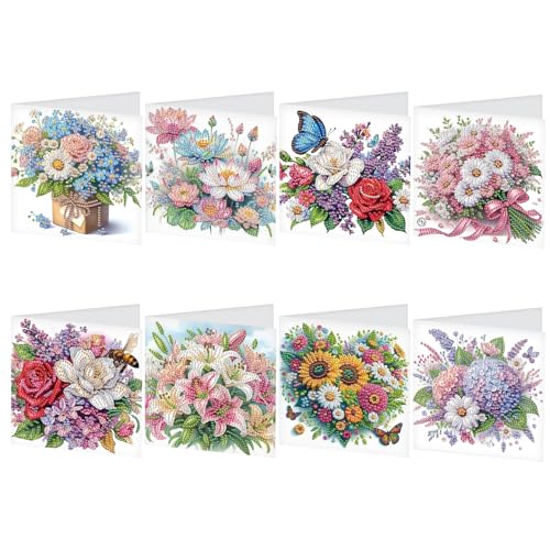 TDFERAN 8 Stück Grußkarte Diamond Painting Blume, Diamant Painting Geburtstagskarte, Dankeskarte, Urlaubskarte, Grußkarte 2025, Diamant-Stickerei Grußkarte Grußkarte von TDFERAN