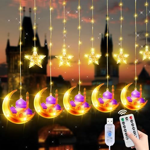Ramadan Lichterkette,120 LED Ramadan Licht Stern 3m Ramadan Eid Dekoration Muslim led beleuchtung Fenster Lichtervorhang mit Sterne Mond und Schloss Ramadan Deko Licht für Außen Innen USB 8 Modi von TDTOD