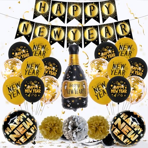 Happy New Year Dekorationen Set 2024 Schwarz Gold Ballon Foto Requisiten für Silvester Party Urlaub Supplies Home Decor 2024 Silvester Dekorationen von TEBI