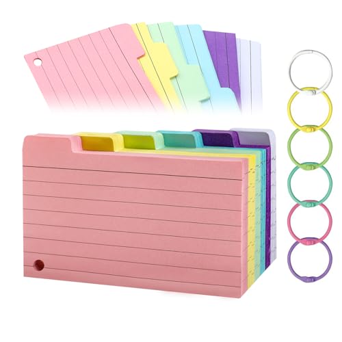 TECDW 300 Stück Karteikarten, 12,7 x 7,8 cm Linierte Karteikarte mit 6 Binderinge, Beschriftete Linien Lernzettel, Flashcards Vokabelkarten Blanko für Schule, Zuhause, Büro, Treffen (6 Farben) von TECDW