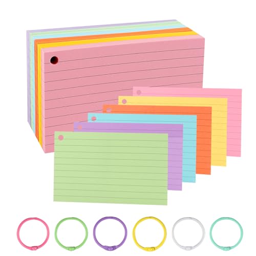 TECDW 300 Stücke Liniert Karteikarten, Bunt Lernkarten mit 6 Binderinge, Beidseitig Beschreibbar, Flashcards Lernzettel mit Gelocht, Vokabelkarten Blanko für Lernen Notizen Treffen Büro Schule (005) von TECDW