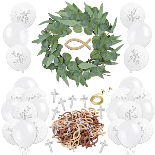 TECHEEL 105 Stück Kommunion Dekoration Set, Grün Blätter Girlande, Weiß Luftballons, Gemusterte Ballons, Holzfische Streudeko, Holzkreuz für Taufe, Kommunion, Konfirmation TECHEEL 105 Stück Kommunion Dekoration Set, Grün Blätter Girlande, Weiß Luftballons, Gemusterte Ballons, Holzfische Streudeko, Holzkreuz für Taufe, Kommunion, Konfirmation von TECHEEL