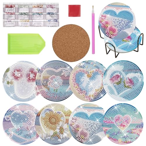 TECHEEL Diamond Painting Untersetzer mit Halter 8 Stück Diamond Art Coasters DIY Blumen Liebe Diamond Coasters Rund Untersetzer 10cm for Crafts Erwachsene Kinder Diamond Painting Sets. von TECHEEL