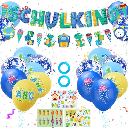 TECHEEL Einschulung Schuleinführung Schulanfang Deko Set, Einschulung Mädchen Junge Deko Schulanfang Banners Latex Ballons Zuckertüten Papierstücke (Blau) von TECHEEL