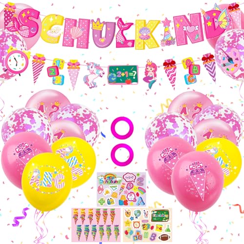 TECHEEL Einschulung Schuleinführung Schulanfang Deko Set, Einschulung Mädchen Junge Deko Schulanfang Banners Latex Ballons Zuckertüten Papierstücke (Rosa) von TECHEEL