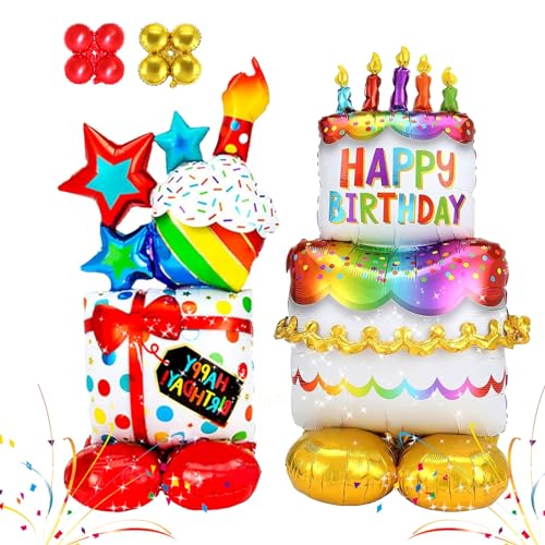 TECHEEL Happy Birthday Folienballon Stehend,2 Stück Folienballon Happy Birthday XXL,Torten-Ballon und Geschenk Ballon,Helium Ballon Geburtstag Party Dekoration,Für Kinder Junge Mädchen von TECHEEL