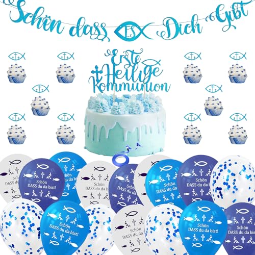 TECHEEL Kommunion Deko Jungen Ballon Kommunion Luftballons Jungen Konfirmation Luftballon Blau Erstkommunion Deko Ballons Fische Deko Luftballons Girlande Tortedeko Taufe Girlande Deko Blau für Jungen von TECHEEL