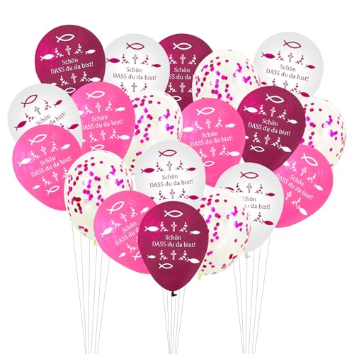 32 Stück Taufe Deko Mädchen Kommunion Deko Konfirmation Deko Mädchen Tischdeko Schön DASS Du da Bist Rosa Fisch Tortendeko Kommunion Girlande Ballon Erstkommunion für Taufe Kommunion Konfirmation von TECHEEL