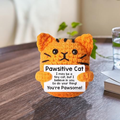 TECHEEL Positive Katze Gehäkelt Positives Kätzchen Gehäkelte Katze Handgefertigte Gehäkelte Positive Katze Positive Orange Katze Häkeln mit Ermutigungskarte Glücksbringer Mutmacher Geschenk von TECHEEL