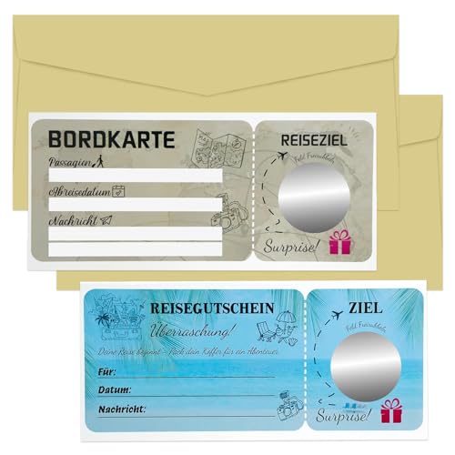 TECHEEL Reisegutschein Karte, 2 Stück Reisegutschein Mit Rubbelaufkleber Reisegutschein Geschenk Verpackung Flugticket Geschenk Perfektes Reise Geschenk Für Freundin, Freund Oder Familie (E) von TECHEEL