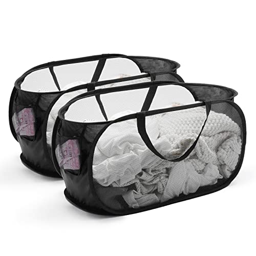 Pop-Up-Wäschekorb aus Netzstoff mit starken Griffen, große Öffnung, zusammenklappbar, tragbar und einfach zu verwenden, 2 Stück, Schwarz von TECHMILLY