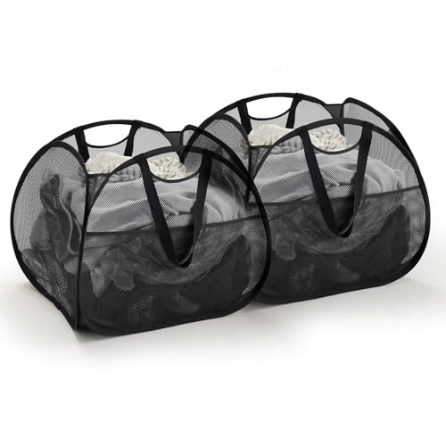 TECHMILLY Faltbarer Pop-Up-Wäschekorb aus Netzstoff mit starken Griffen, große Öffnung mit Seitentaschen, Aufbewahrungskörbe für Wohnheim, Waschküche, Badezimmer oder Reisen (Schwarz, 90 l, 2 Stück) von TECHMILLY
