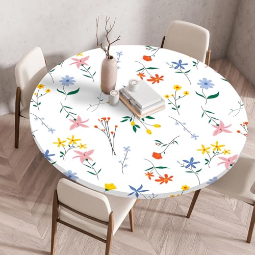Tischdecke wasserdichte Rund Tischdecke Outdoor, Elastisch Garten mit Bunte kleine Blumen Muster für Garten Restaurant, Ideal für 80cm-90cm von TECHO