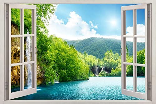 Wandtattoo Rissig DIY Fototapete Forest Lake Scene 3D Window View Decal WALL STICKER Decor Art Mural 80x120CM von TECKI