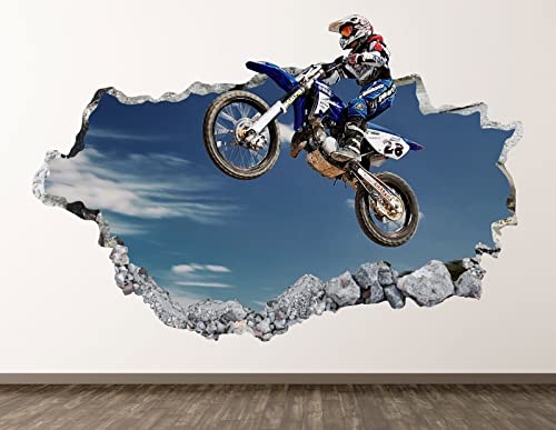 Wandtattoo Rissig DIY Fototapete Motocross Wandtattoo Art Deco 3D Smashing Jump Poster Kinderzimmer Aufkleber BL419-60x90CM von TECKI