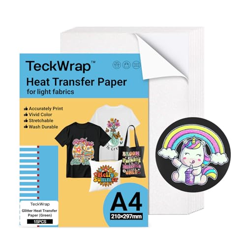 TECKWRAP Bedruckbares Wärmetransferpapier für T-Shirts, 15 Blatt, 21,1 x 29,7 cm, bedruckbares Wärmetransfer-Vinyl für Tintenstrahldrucker, Transferpapier zum Aufbügeln für helle Stoffe (Glitzer-Grün) TECKWRAP Bedruckbares Wärmetransferpapier für T-Shirts, 15 Blatt, 21,1 x 29,7 cm, bedruckbares Wärmetransfer-Vinyl für Tintenstrahldrucker, Transferpapier zum Aufbügeln für helle Stoffe (Glitzer-Grün) von TECKWRAP