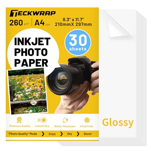 TECKWRAP Glänzendes Fotopapier für Drucker, 21,1 x 29,7 cm, Tintenstrahl-Fotodrucker-Papier für DIY-Alben, Chip-Tüten, Flyer, Karten, Kalender, Broschüren-Druckpapier, 260 g/m², 30 Blatt TECKWRAP Glänzendes Fotopapier für Drucker, 21,1 x 29,7 cm, Tintenstrahl-Fotodrucker-Papier für DIY-Alben, Chip-Tüten, Flyer, Karten, Kalender, Broschüren-Druckpapier, 260 g/m², 30 Blatt von TECKWRAP