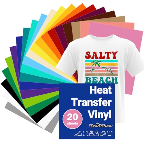 TECKWRAP HTV Wärmetransfer-Vinyl-Bündel: 20 Blatt, 30,5 x 25,4 cm, zum Aufbügeln, Vinyl-Pack für T-Shirts, 20 verschiedene Farben, Hitzepresse-Vinyl für die meisten Bastelmaschinen- und Stoffdesigns von TECKWRAP