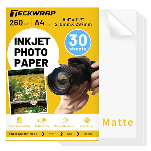 TECKWRAP Mattes Fotopapier für Drucker, 21,1 x 29,7 cm, Tintenstrahl-Fotodrucker-Papier für DIY-Alben, Chip-Tüten, Flyer, Karten, Kalender, Broschüren-Druckpapier, 260 g/m², 30 Blatt TECKWRAP Mattes Fotopapier für Drucker, 21,1 x 29,7 cm, Tintenstrahl-Fotodrucker-Papier für DIY-Alben, Chip-Tüten, Flyer, Karten, Kalender, Broschüren-Druckpapier, 260 g/m², 30 Blatt von TECKWRAP