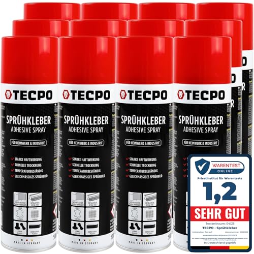 TECPO 12x Sprühkleber, 500ml Industriekleber, Kontaktkleber Alleskleber für Leder, Schaumstoff, Kunststoff, Metall, Papier, Gummi uvm. von TECPO