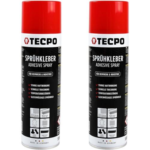 TECPO 2x Sprühkleber, 500ml Industriekleber, Kontaktkleber Alleskleber für Leder, Schaumstoff, Kunststoff, Metall, Papier, Gummi uvm. von TECPO