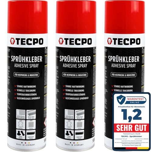 TECPO 3x Sprühkleber, 500ml Industriekleber, Kontaktkleber Alleskleber für Leder, Schaumstoff, Kunststoff, Metall, Papier, Gummi uvm. von TECPO