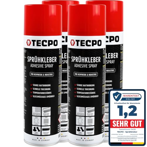 TECPO 4x Sprühkleber, 500ml Industriekleber, Kontaktkleber Alleskleber für Leder, Schaumstoff, Kunststoff, Metall, Papier, Gummi uvm. von TECPO