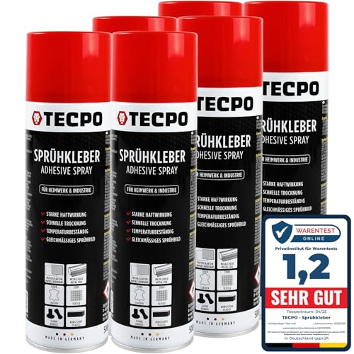 TECPO 6x Sprühkleber, 500ml Industriekleber, Kontaktkleber Alleskleber für Leder, Schaumstoff, Kunststoff, Metall, Papier, Gummi uvm. von TECPO