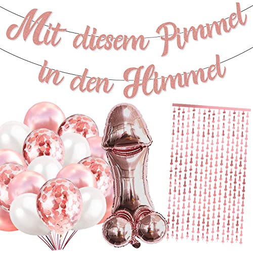 XXL „Mit diesem Pimmel in den Himmel“ Deko Set zum Junggesellenabschied | Großer Schriftzug + XXL Folienluftballon + Lametta-Vorhang + Luftballons | JGA Deko für die Bride to Be von TEDORU