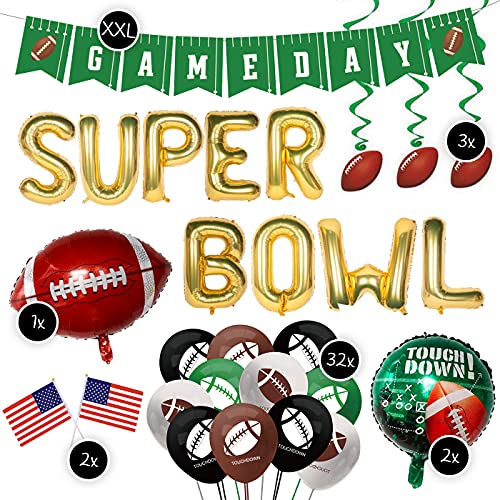 XXL American Football Deko-Set zur Superbowl-Party | „SUPERBOWL“ Folien-Luftballons + „GAMEDAY“ Girlande + 32x Luftballons + 3x XXL Folienluftballons + 2x USA Flaggen + 3x Swirls von TEDORU