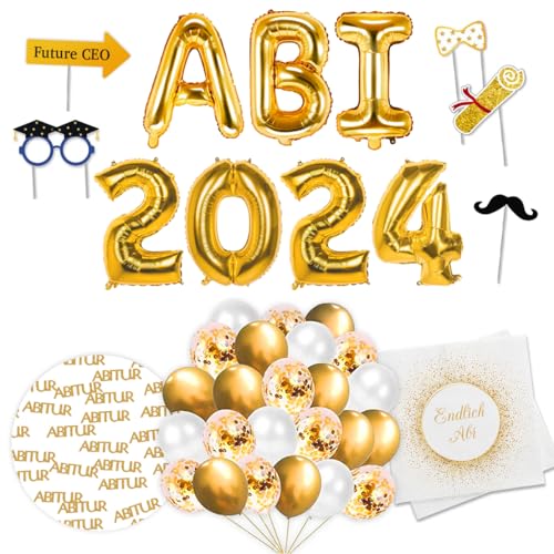 XXL Deko-Set zum Abitur 2024 | XXL Ballons 100cm "ABI 2024", Luftballons, Tischdeko, Servietten, Fotorequisiten von TEDORU