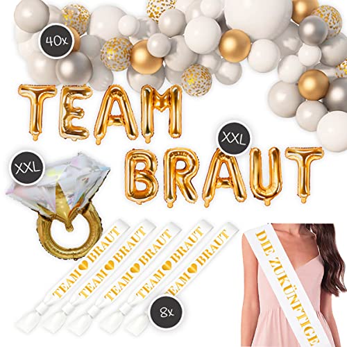 XXL Deko-Set zum Junggesellenabschied in Weiß/Gold | XXL Ballons "Team Braut", Ring-Folienluftballon, Armbänder, Schärpe XXL Deko-Set zum Junggesellenabschied in Weiß/Gold | XXL Ballons "Team Braut", Ring-Folienluftballon, Armbänder, Schärpe von TEDORU