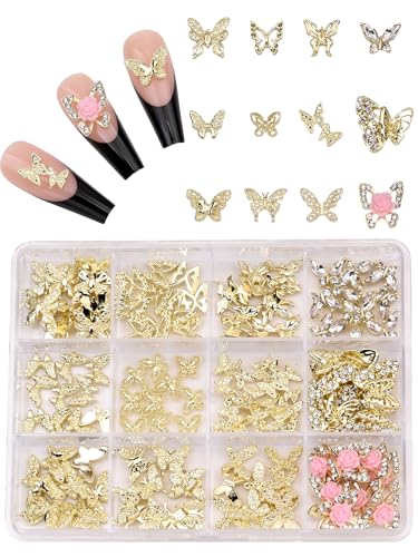 120 Stück goldene Schmetterlinge mit Strasssteinen, 3D-Legierung, luxuriös, große kleine Schmetterlings-Nagel-Edelsteine, Schmucknieten für Damen und Mädchen, Nageldekoration, Acrylnägel, DIY, Basteln 120 Stück goldene Schmetterlinge mit Strasssteinen, 3D-Legierung, luxuriös, große kleine Schmetterlings-Nagel-Edelsteine, Schmucknieten für Damen und Mädchen, Nageldekoration, Acrylnägel, DIY, Basteln von TEEKME