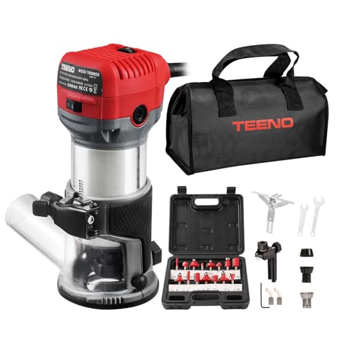 TEENO Holzfräse Oberfräse 710W 13000–33000 U/min mit Staubabsaugungsanschluss, Elektrik Kantenfräse Mit 15 Stück 1/4" Fräsen Cuter,6 Variable Geschwindigkeiten, Spannzange 6MM, 6.35MM, 8MM TEENO Holzfräse Oberfräse 710W 13000–33000 U/min mit Staubabsaugungsanschluss, Elektrik Kantenfräse Mit 15 Stück 1/4" Fräsen Cuter,6 Variable Geschwindigkeiten, Spannzange 6MM, 6.35MM, 8MM von TEENO