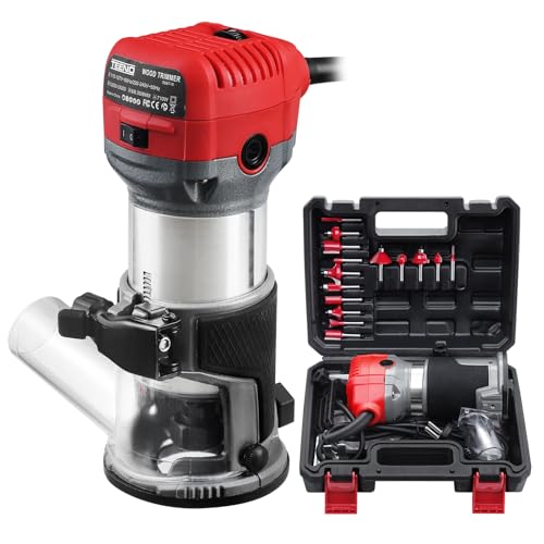 TEENO Oberfräse 800W 13000–33000 U/min mit Plastikbox, Elektrik Hand Holz Oberfräse Kantenfräse Mit 15 Stück 1/4" Fräsen Cuter,6 Geschwindigkeitsstufen, 3 Klemmen mit 1/4 Zoll (6 mm) und 8 mm von TEENO