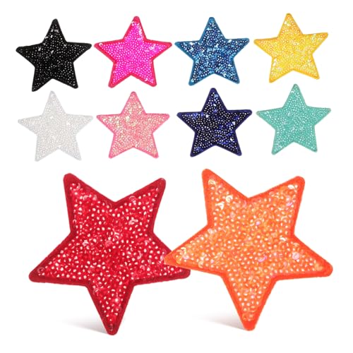 TEHAUX 10 Stück Teiliges Pailletten Stern Aufbügelbare Stick Applikationen Bunte Glitzer Sterne für Kleidung Hüte Rucksäcke DIY Textil Dekoration von TEHAUX
