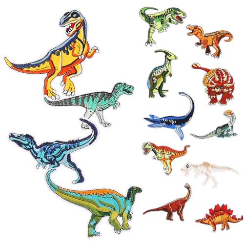 TEHAUX 14 Stück Teiliges Dinosaurier Aufbügelflicken Bestickte Selbstklebende DIY Stoffpatches für Kleidung Rucksäcke Hüte Vielseitige Reparatur Dekorationsapplikationen von TEHAUX