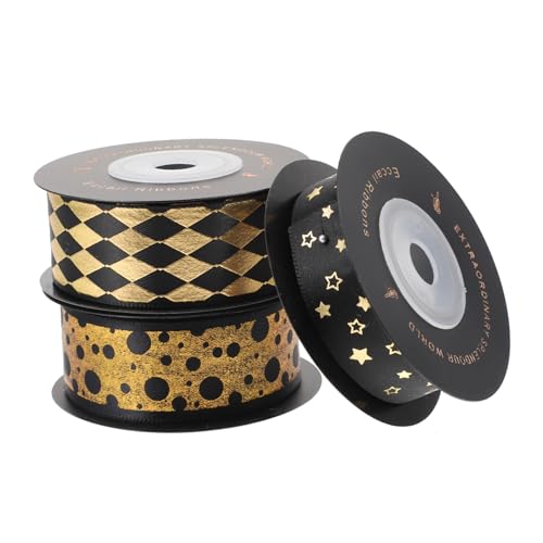 TEHAUX 3 Rollen Schwarzes Gold-Verpackungs band haar tapes haar schleife verpackung geschenkband trimmen gelbes Band Blumenverpackungsband Band zum Geburtstag Polyester Black von TEHAUX
