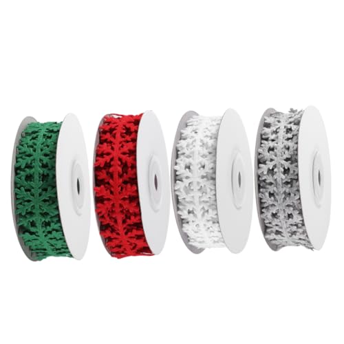 TEHAUX 4 Rollen Weihnachtsdeko Geschenkband Langlebiges Stoffband mit Schneeflocken Rot Grün Weiß Vielseitig für Verpackung Basteln Diy und Raumdekoration von TEHAUX